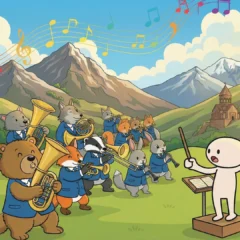 アルメニアの山々を背景に演奏するOBバンド